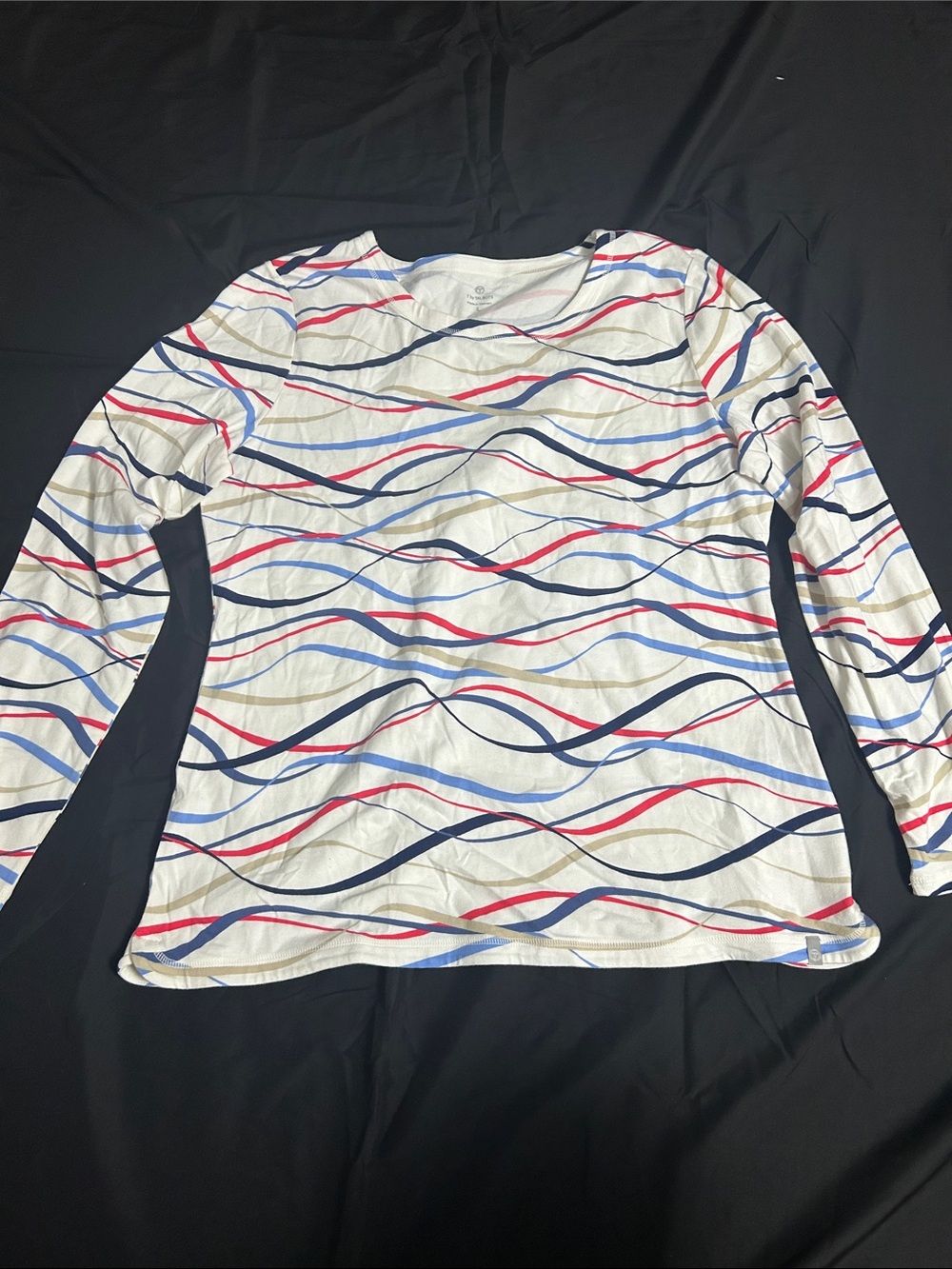 Talbots White Long-Sleeve Wave Stripe Tee with Red & Blue Accents